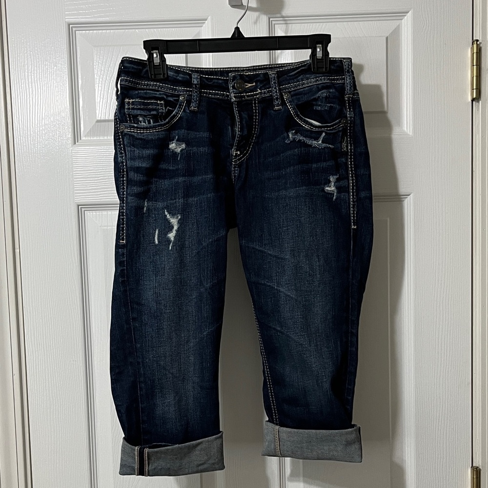 Silver Jeans Dark Blue Distressed Capris